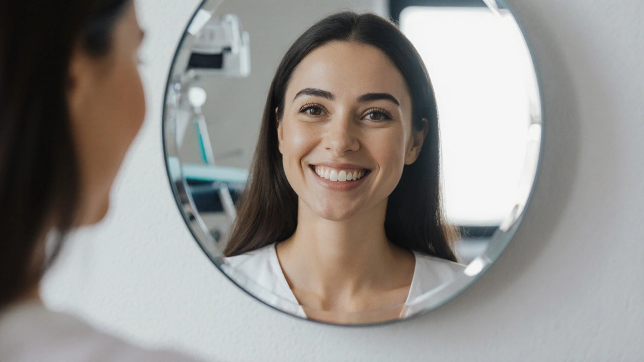 Woman smiling confidently in a mirror, her improved smile glowing while surroundings fade softly.