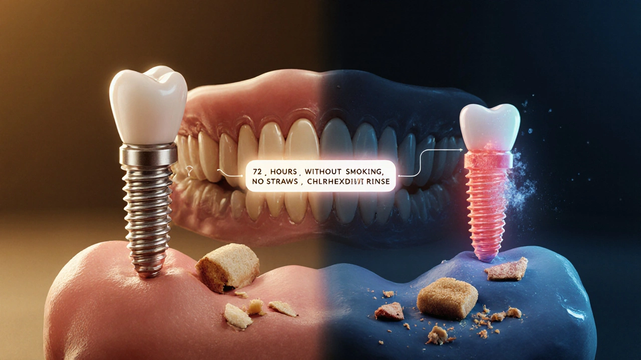 Zdravá kost s implantátem vs. infikovaný důlek s jídlem.