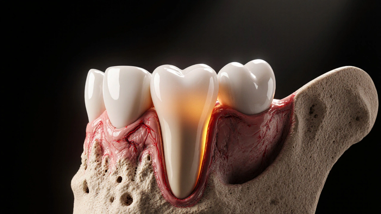 Zdravý zubní kořen s korunkou a srovnávací resorpce kosti kolem chybějících zubů.