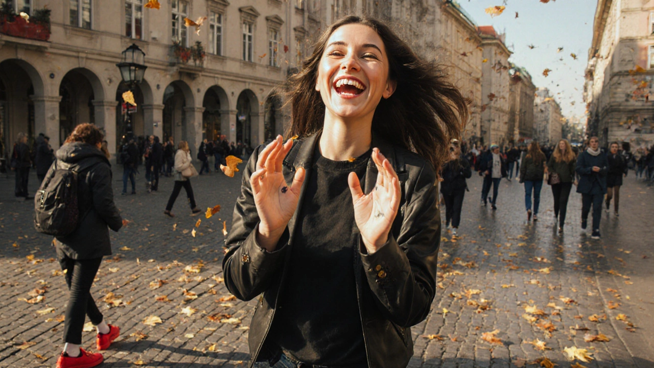 Žena s červenými botami a průhlednými rovnátky se směje na náměstí, slunce osvětluje její úsměv.