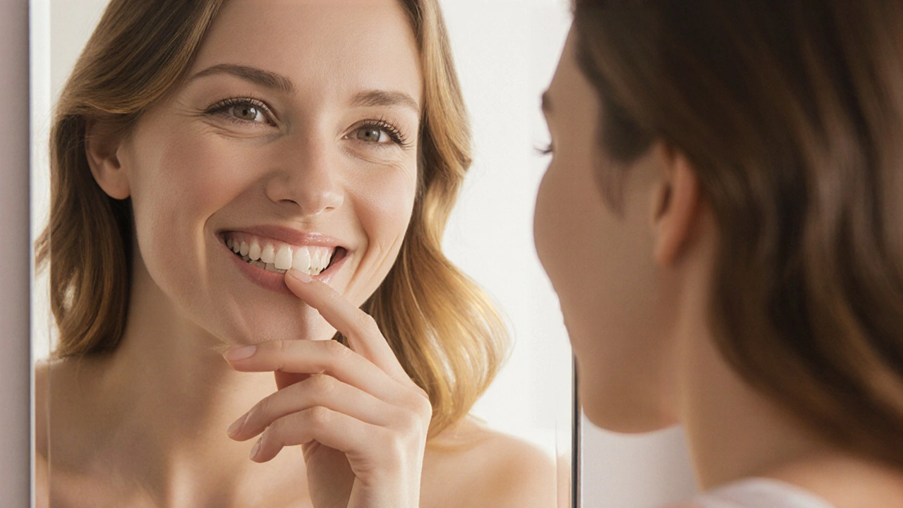 Žena se dívá do zrcadla, kde je vidět před a po transformaci jejího úsměvu.