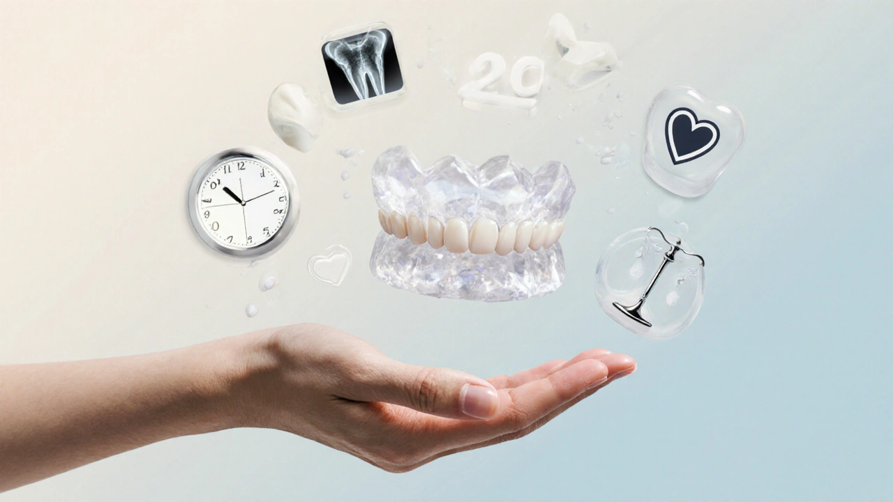 Zirkonová korunka s symboly dlouhodobé trvanlivosti a bezpečnosti.