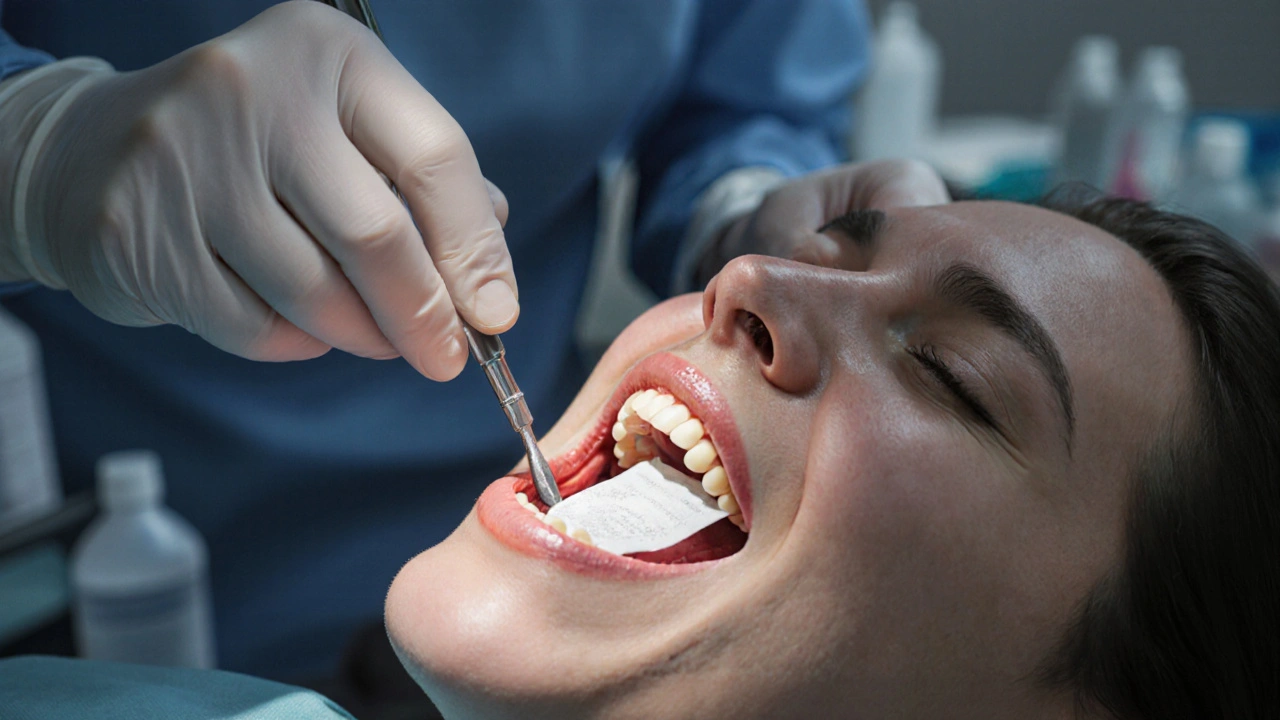 Zubař čistí sušený důlek léčivou gázou.