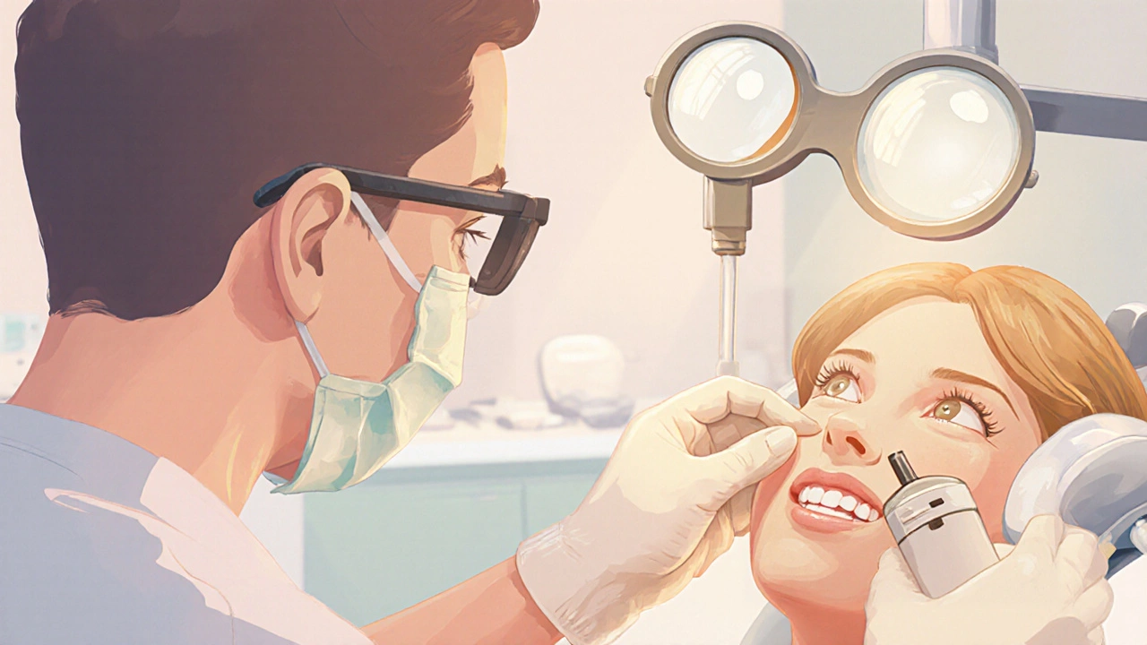 Zubař čistí zubní fazety jemným ultrazvukovým přístrojem v klinice.