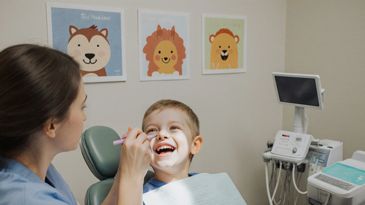Zubní hygienička aplikuje fluoridový lak dítěti v klinice, dítě se dívá do zrcadla.
