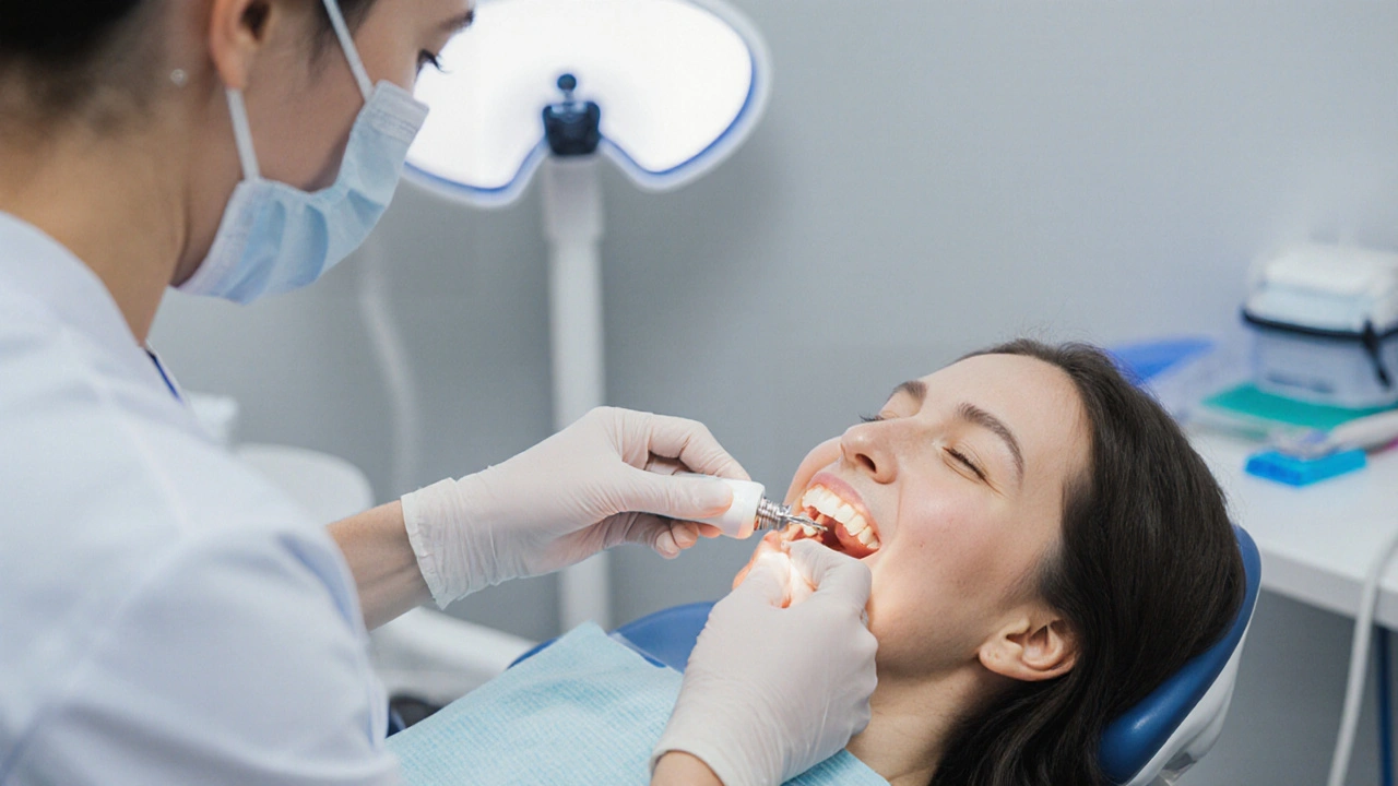 Zubní hygienistka odstraňuje kámen zubním skrabením.