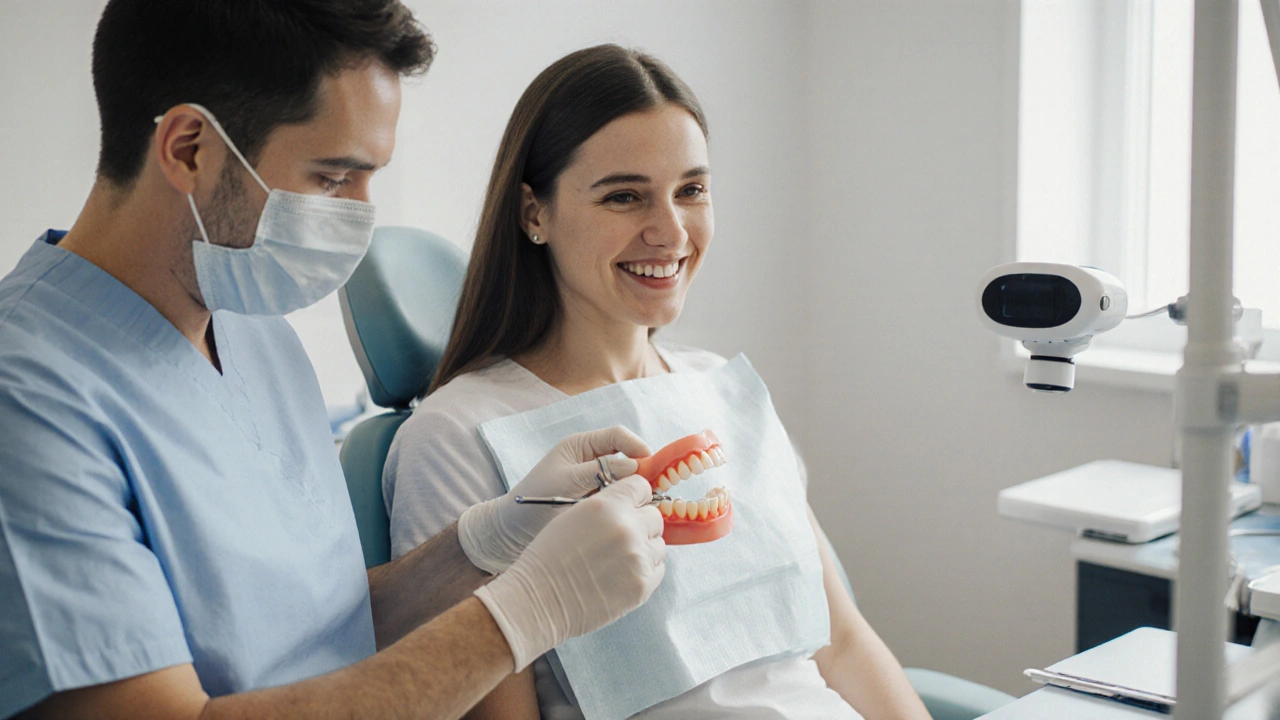 Zubní lékař přizpůsobuje protézu pacientovi v moderní ordinaci.