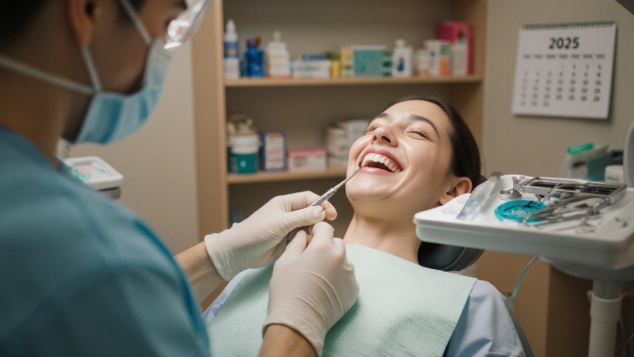 Zubní lékař upravuje keramická rovnátka pacientovi v klinice.