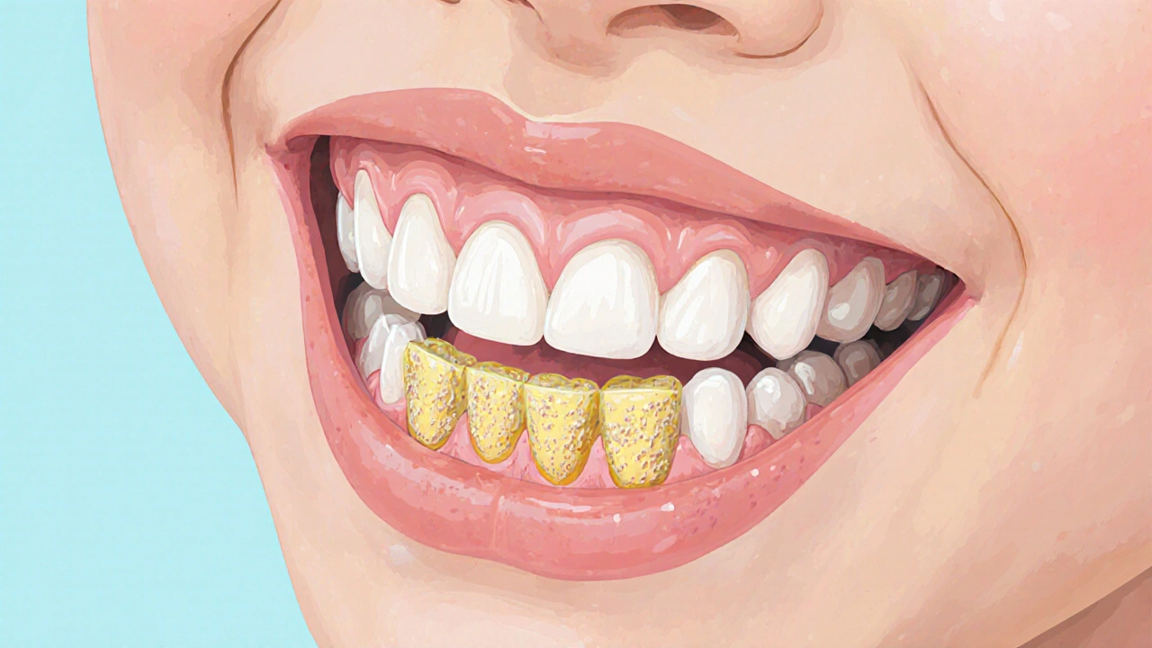 Zvětšený pohled na zuby dítěte s plakem a počátečním zubním kamenem u dásní.