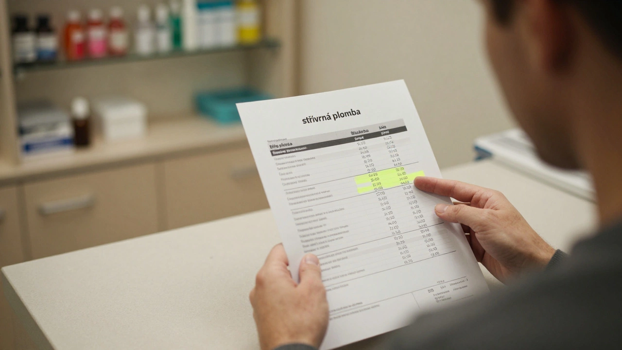 Adult patient reading a dental price list at the clinic counter, holding an allergy certificate.