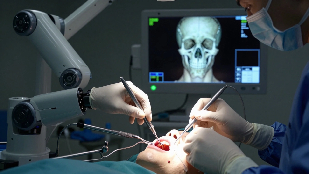 Chirurgický robot provádí jemnou operaci v ústech s reálným 3D mapováním kostí.