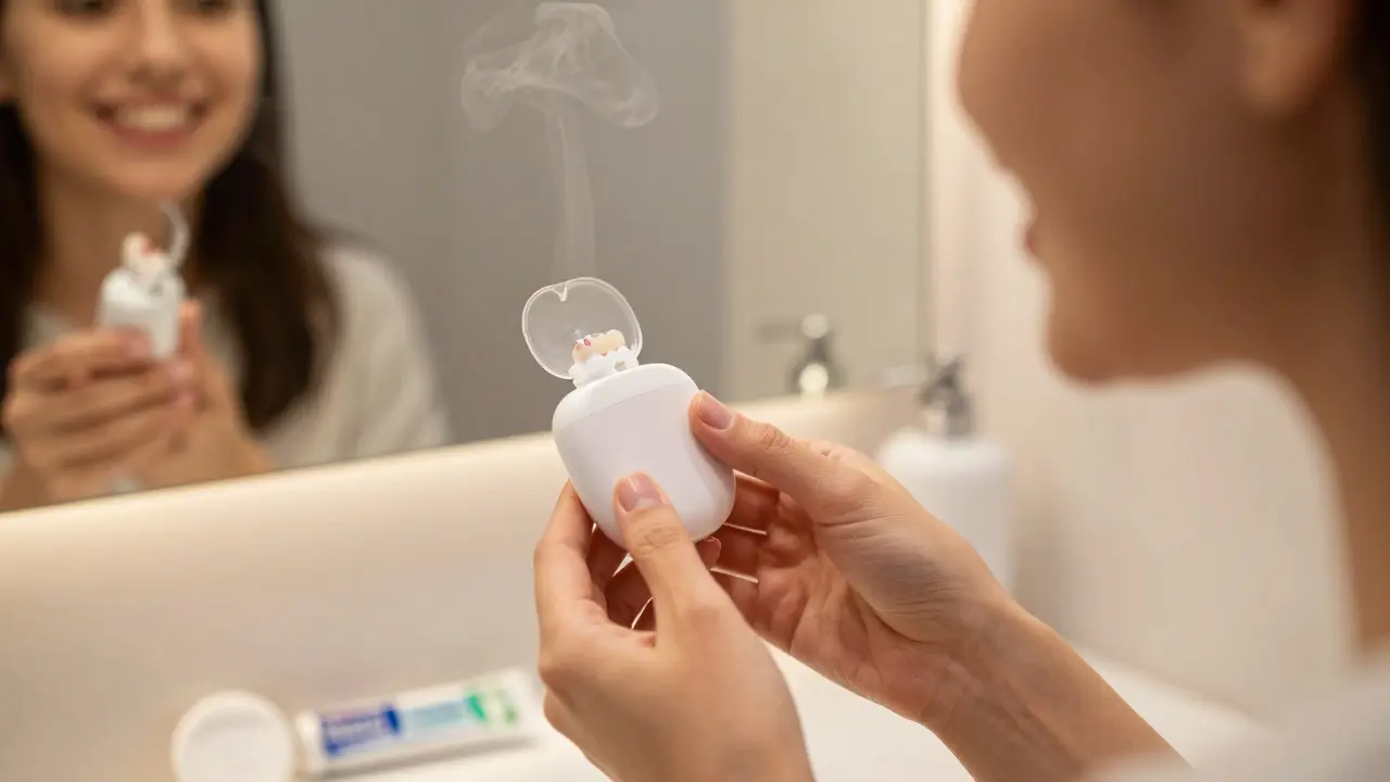 Člověk se zubními plombami a korunkami, kde jedna část úsměvu je bělejší než druhá.