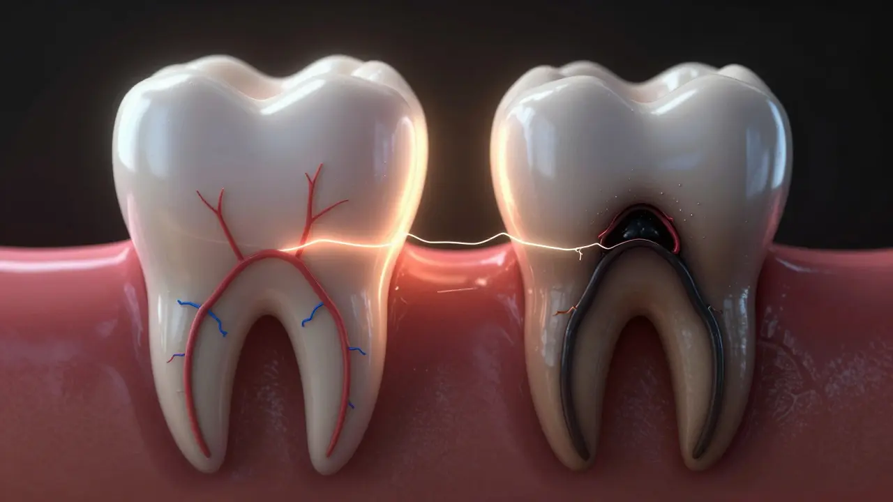 Contrast between healthy tooth and infected tooth with abscess, symbolizing root canal as salvation.