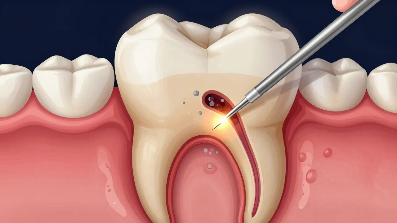 Cross-section of a tooth showing root canals being cleaned during endodontic procedure.