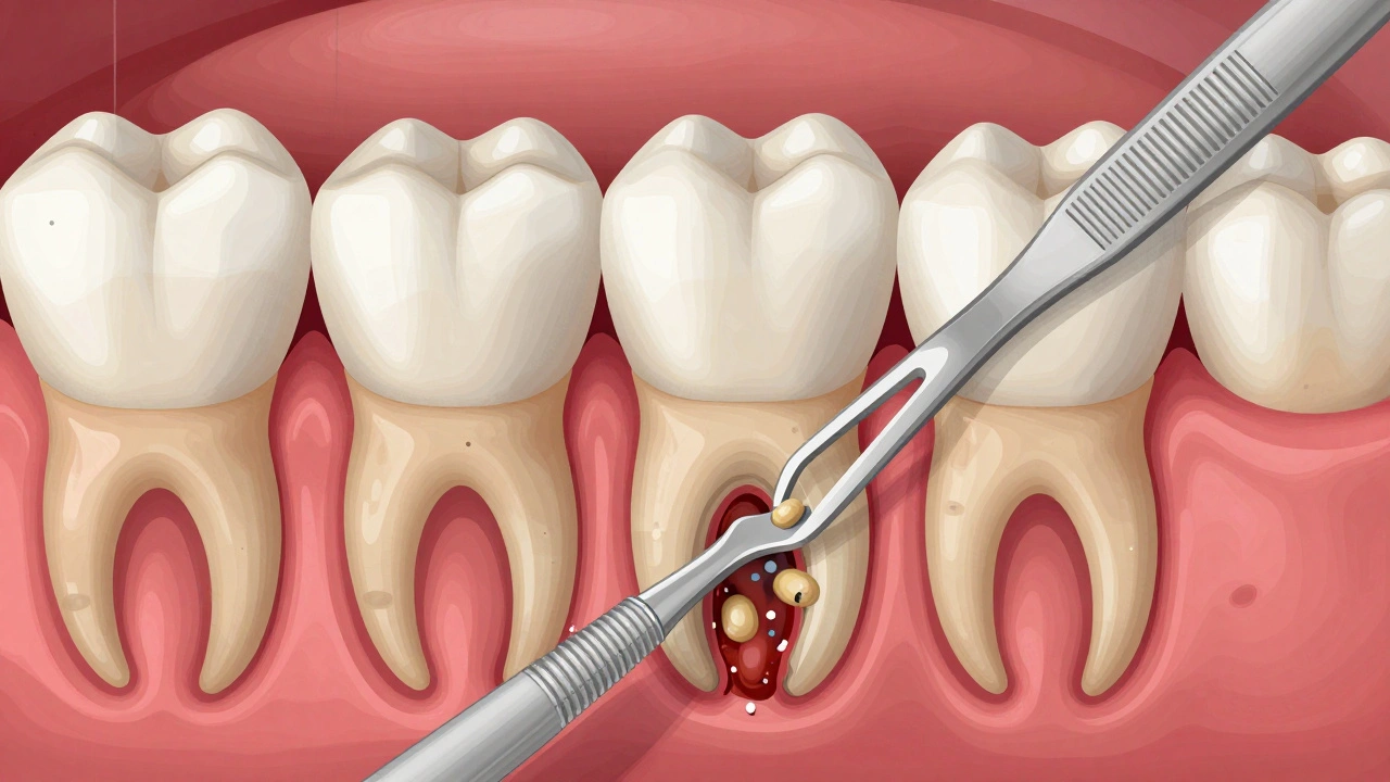 Cross-section of tooth root with tartar and bacteria being removed from periodontal pocket.