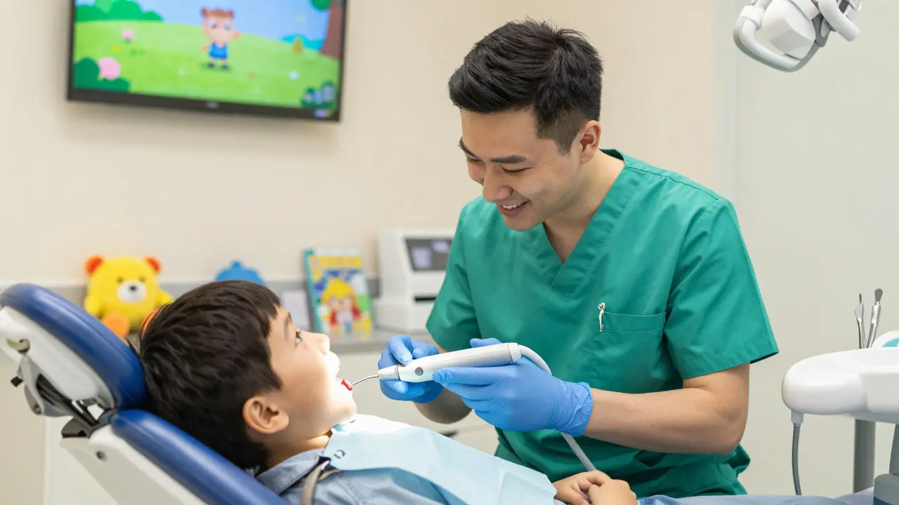 Dětský zubní lékař odstraňuje zubní kámen pomocí ultrazvuku, dítě se dívá na televizi.