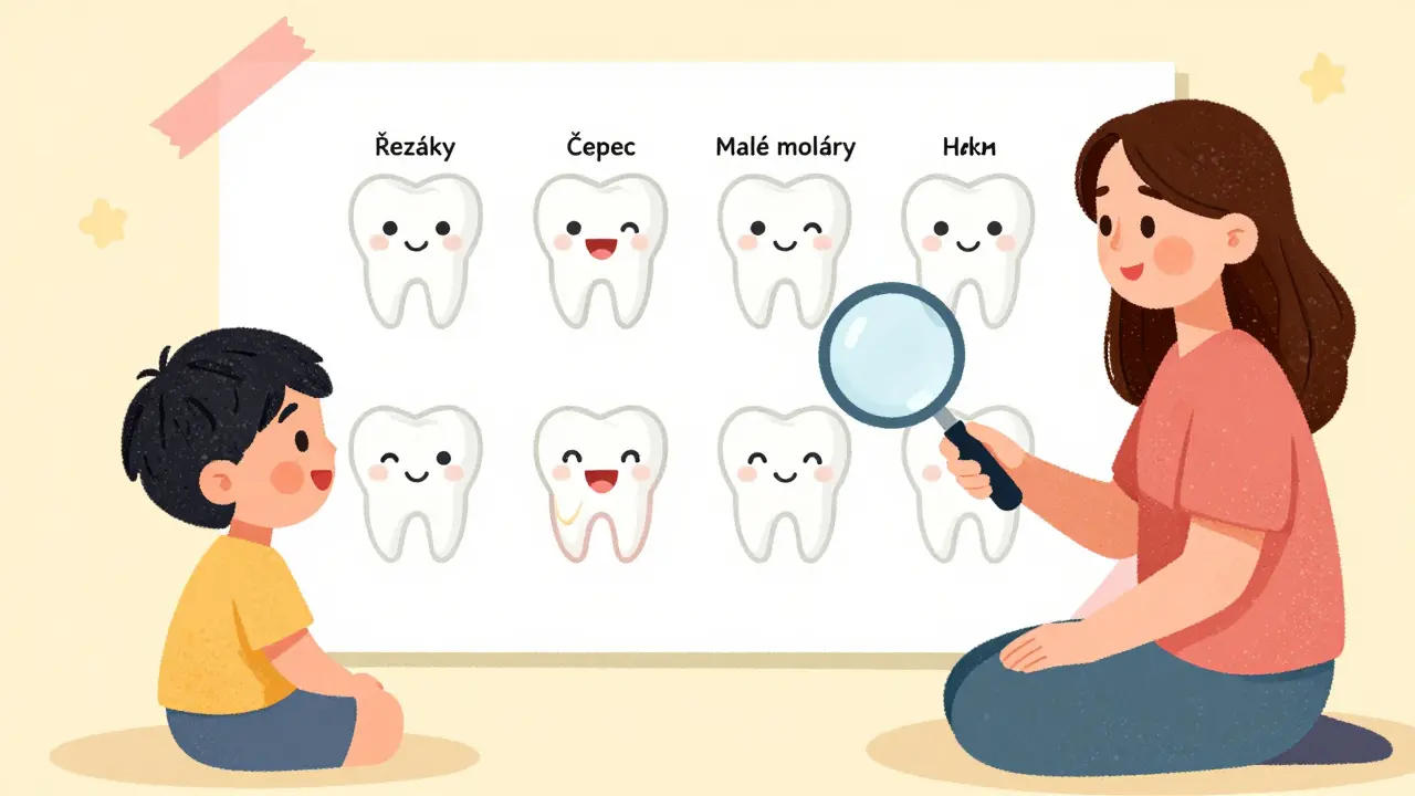 Dítě a dospělý studují barevnou tabulku zubů s označením RČMM.