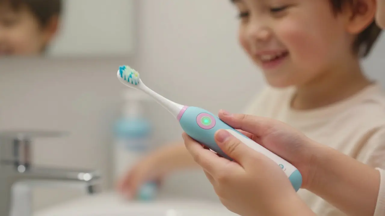 Dítě se směje, zatímco čistí zuby barevným sonickým kartáčkem s hudebními světly.
