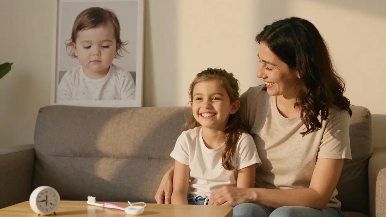 Dívka se usmívá s čistými zuby, na stěně visí fotka z minulosti.