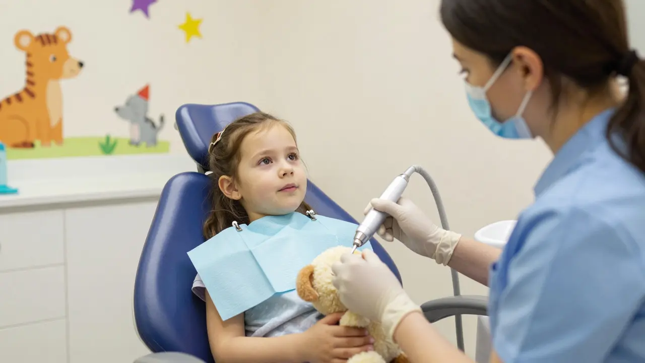 Dívka u zubaře se klidně nechává očistit zuby v přívětivé klinice.