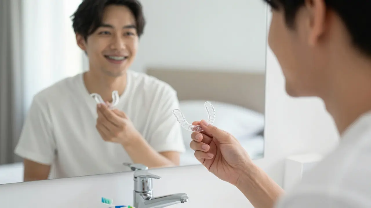 Dospělý drží retenci a dívá se do zrcadla s rovnoměrným úsměvem.