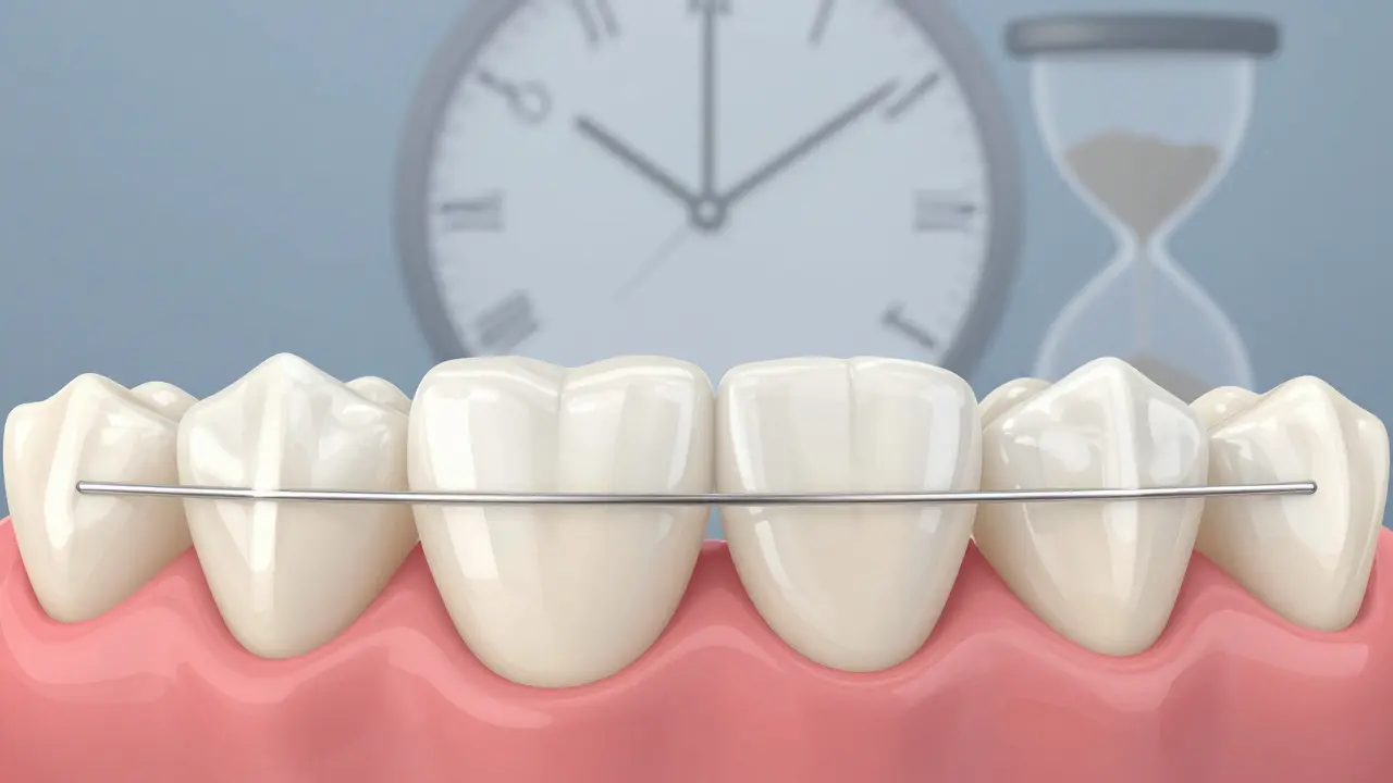 Dva zuby s fixní retencí a jedním, který se pomalu vrací zpět.