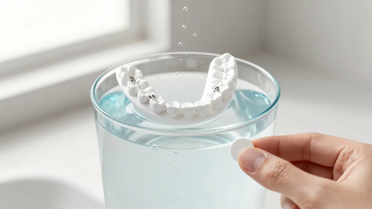 Dvě protézy plavoucí ve vodě s bublinkami od rozpouštějící se tablety.