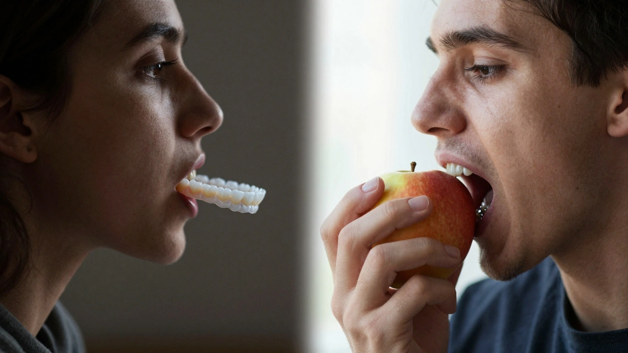 Dvě strany čelisti: jedna s tenkou kostí a protézou, druhá s pevnými implantáty a jídlem.