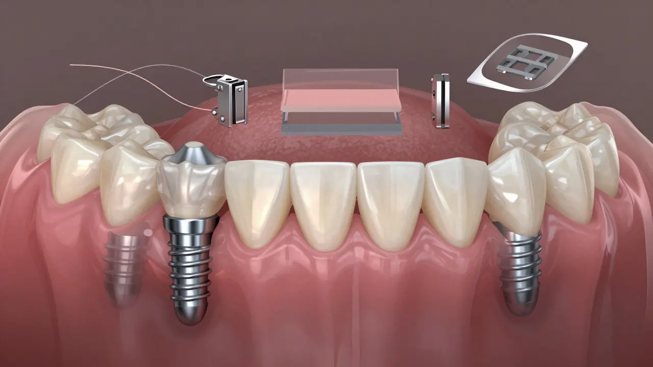 Hybridní zubní protéza připevněná k implantátům s přirozeně vypadajícími zuby a dásněmi.