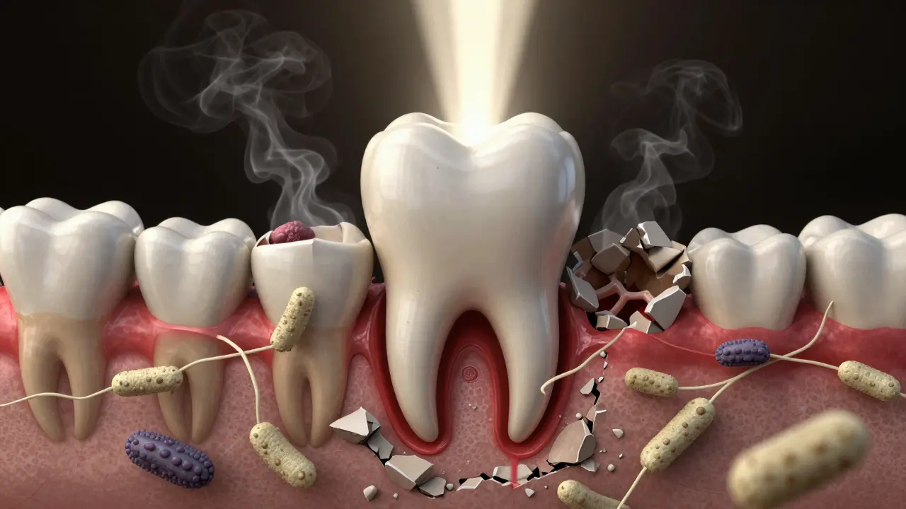 Konceptuální znázornění ztráty kosti pod zubem způsobené zubním kamenem a bakteriemi.
