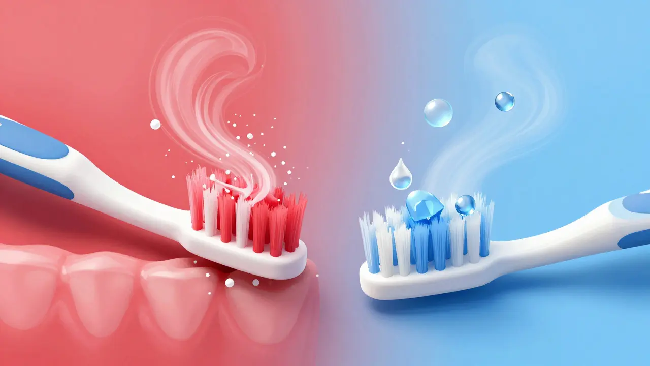 Kontrast mezi agresivním a jemným čištěním zubů s náznakem poškození a hojení dásní.