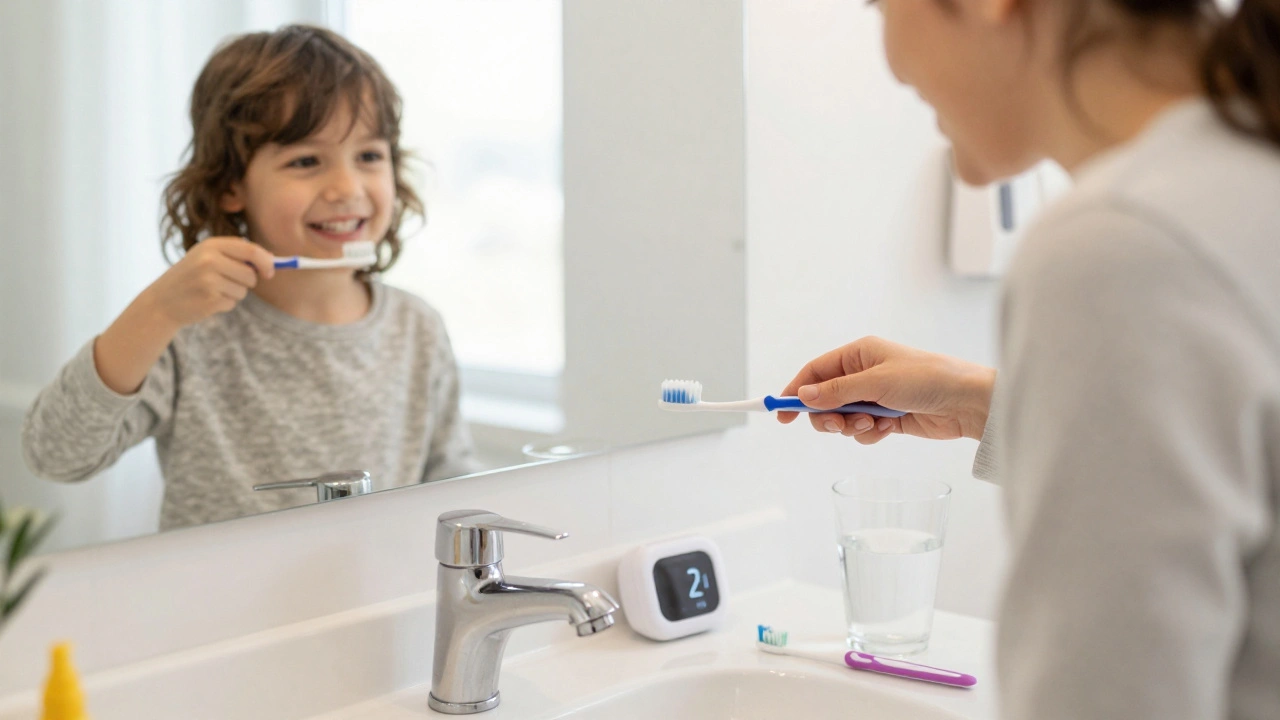 Matka a dítě společně čistí zuby ve koupelně, oba se usmívají do zrcadla.