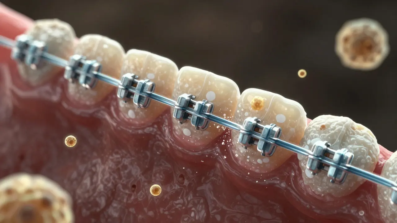 Mikroskopický pohled na plak a kyseliny poškozující sklovinu zubu kolem rovnátek.