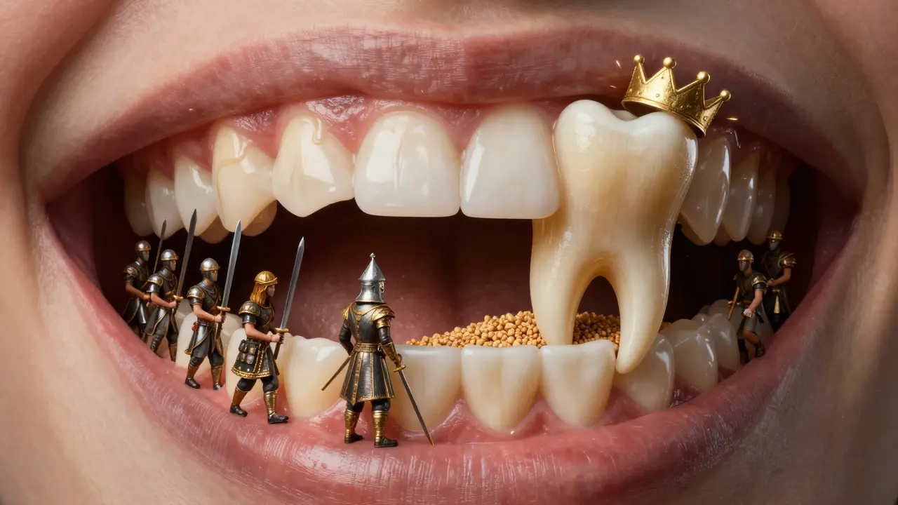 Miniaturní království v ústech s zuby jako postavami v fantasy stylu.