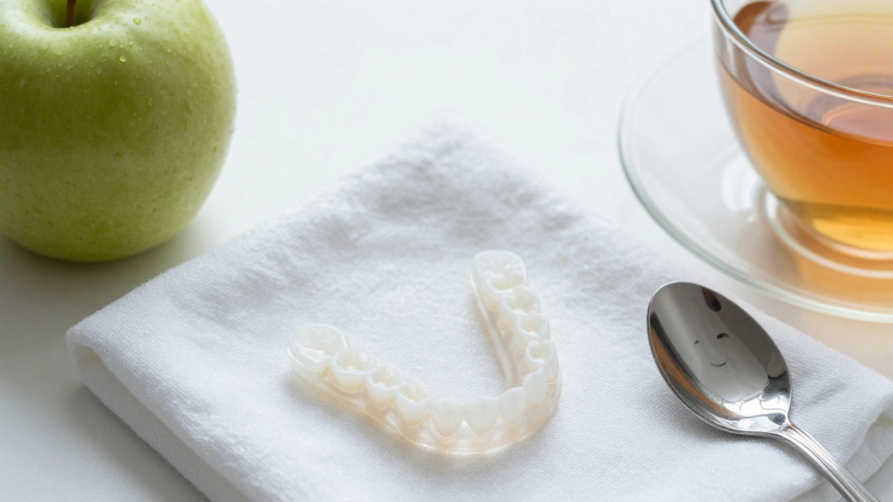 Nasazovací zuby na bílé látně s jablekem, čajem a odrazem úsměvu v lžíci.
