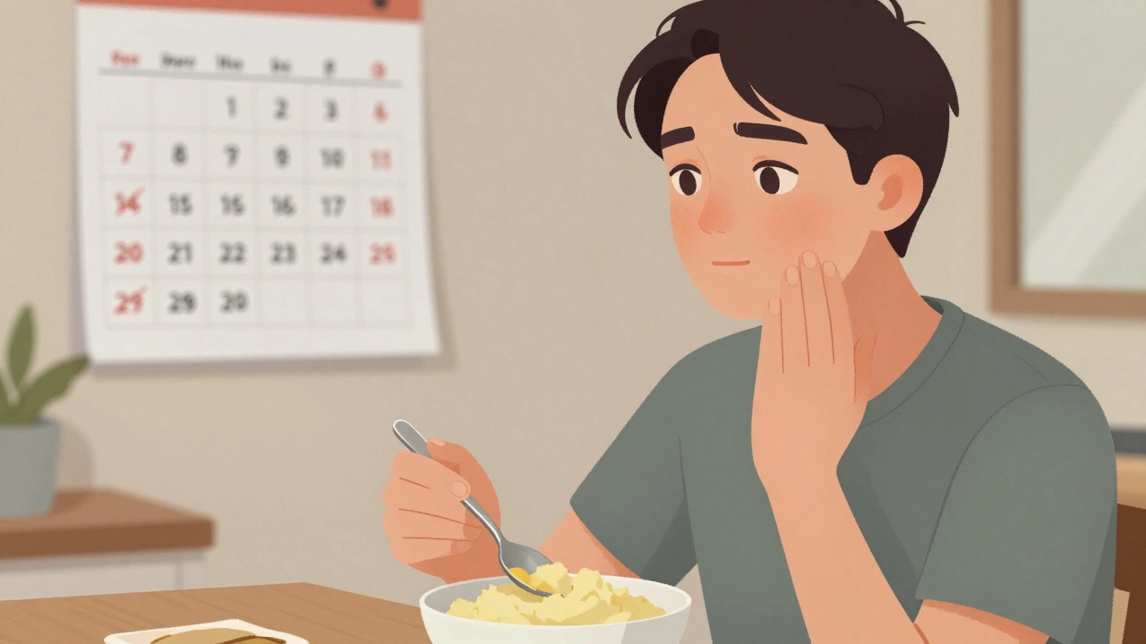 Osoba jí měkkou potravu u stolu, ruka hladí čelist, na zdi kalendář s přeškrtnutými dny.