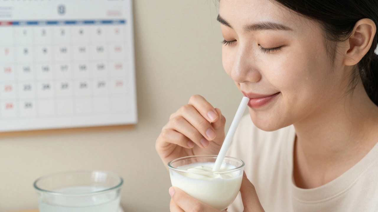 Osoba pije studený jogurt po extrakci zubu, klidně a bez bolesti, v klidném prostředí.