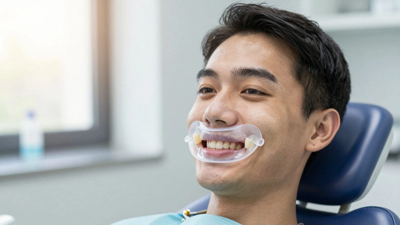 Pacient se usmívá s kofferdamem na zubě, symbolizujícím dlouhodobou ochranu zubu.