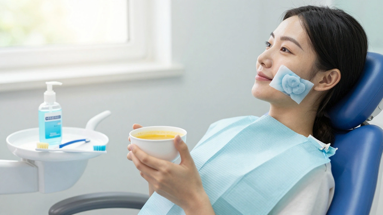 Patient smiling after procedure, holding soup and ice pack, symbolizing recovery.