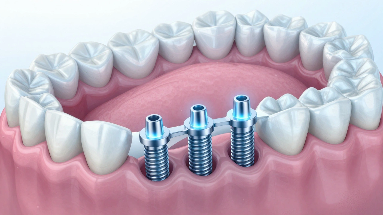 Průřez čelistí s implantáty a zubními korunkami v anatomické přesnosti.