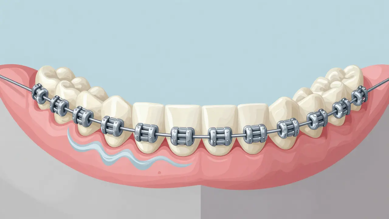 Průřez čelisti ukazující, jak drát pomalu přesouvá zuby a mění kost.