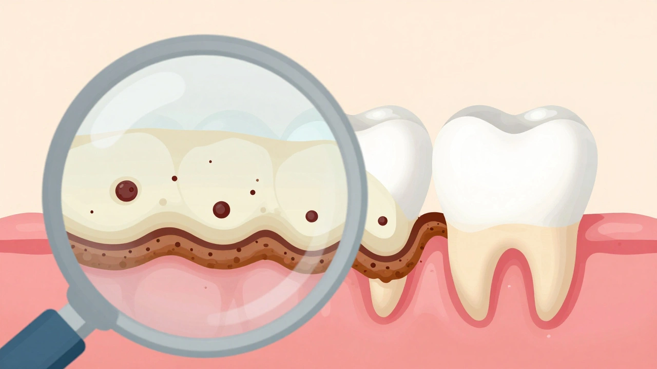Průřez dětského zubu ukazující postupný vývoj plaku na zubní kámen.