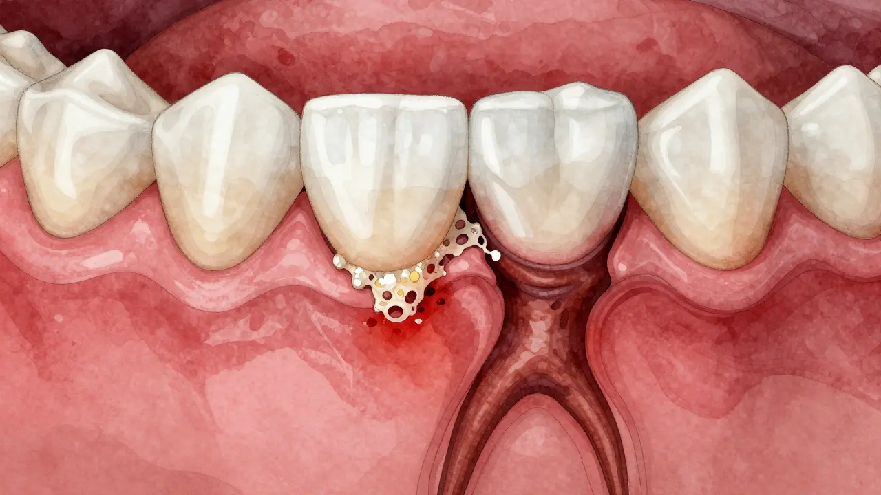 Průřez ústní dutiny ukazující infekci pod korunkou a šíření bakterií do kosti.