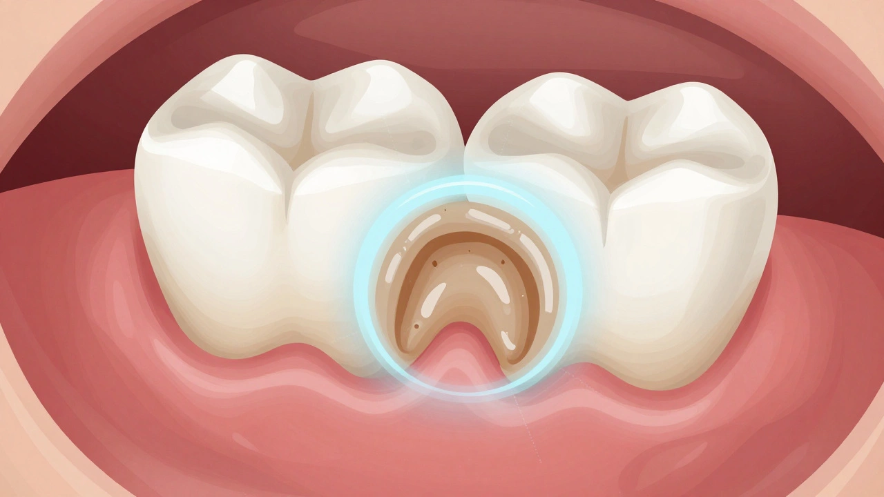 Průřez ústní dutiny ukazující, jak kofferdam izoluje léčený zub od bakterií ve slinách.