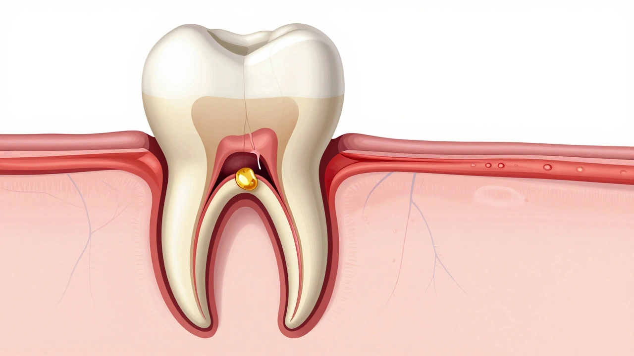 Průřez zubu s infekcí šířící se do čelisti, hnis kolem kořene.