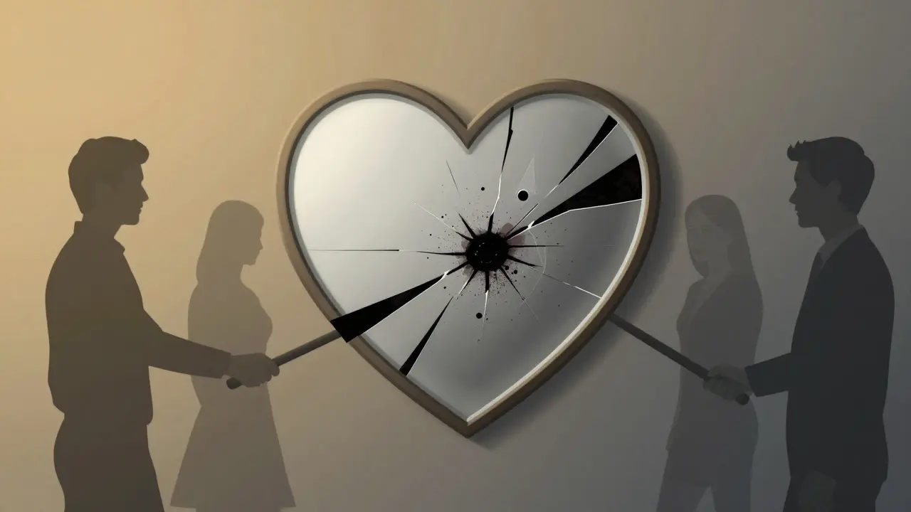 Rozbité zrcadlo ve tvaru srdce pokryté tmavými skvrnami, symbolizující ztrátu důvěry.