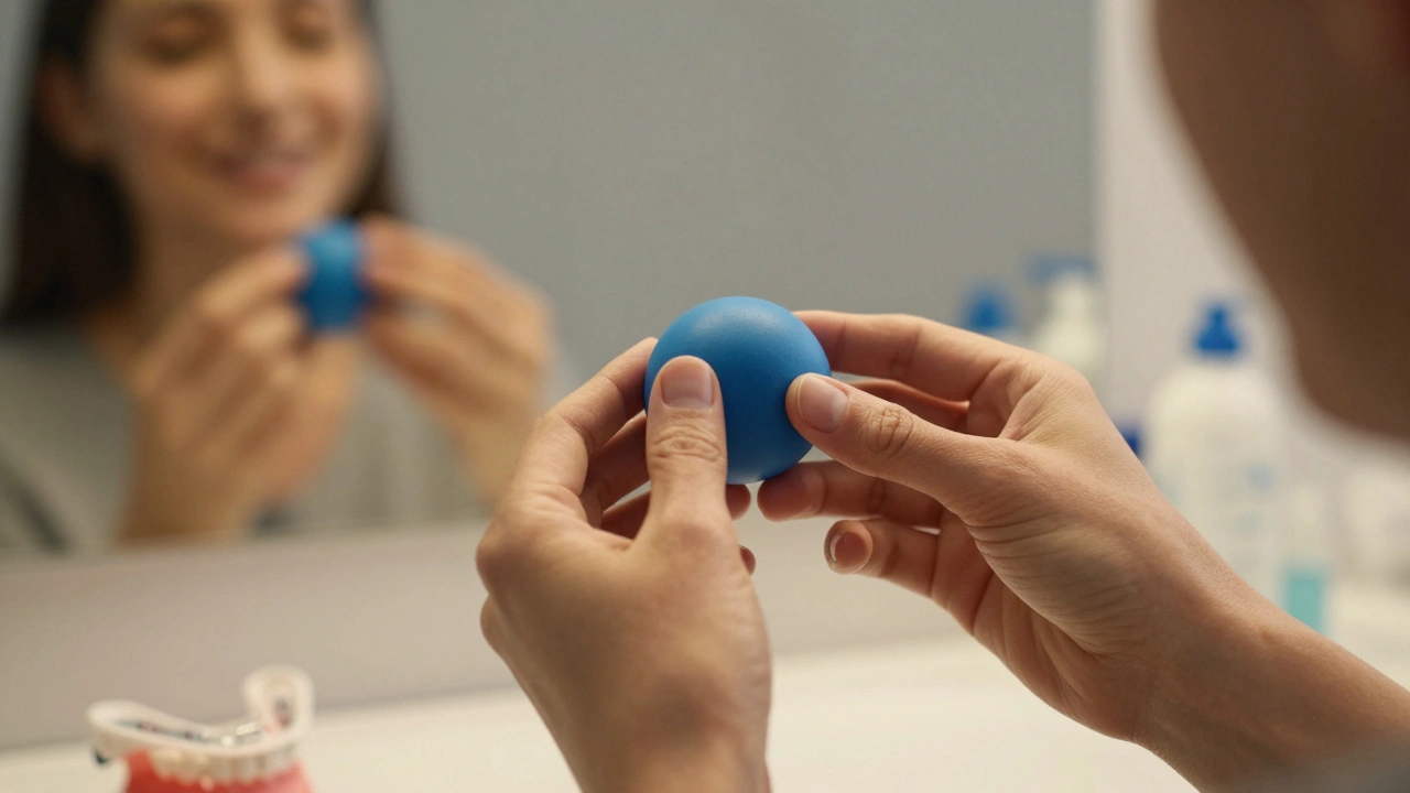 Ruce cvičí čelist s gumovou kuličkou, na pozadí zrcadlo s obličejem a zubní retéry.