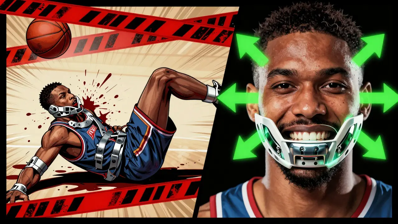 Split image: braces causing injury vs. protected by mouthguard during sports.