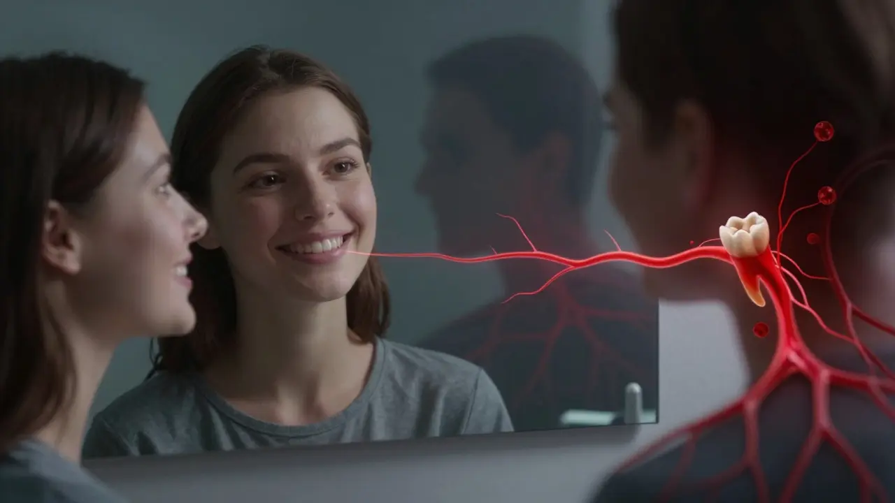 Surreální obraz klidného obličeje s skrytou infekcí šířící se do čelisti a krve.