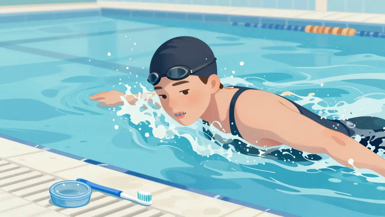 Swimmer in pool with braces, toothbrush and retainer case on poolside.